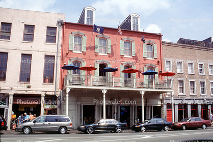 Balcony, Guardrail, Building, Parasol, Cars, the French Quarter