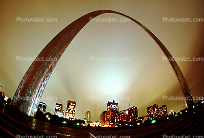 The Gateway Arch, Cityscape, Skyline, Buildings, Skyscraper, Downtown, Outdoors, Outside, Exterior, Night, Nighttime