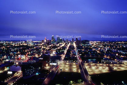 Cityscape, Skyline, Buildings, Skyscraper, Downtown, Streets, Roads, Dusk, Twilight, Night, Nighttime,  Outdoors, Outside, Exterior