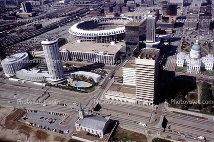 Busch Stadium, buildings, Old Courthouse, church, Interstate, 1980, 1980s