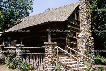Log Cabin, Home, House, Stone Chimney, steps, stairs, Branson
