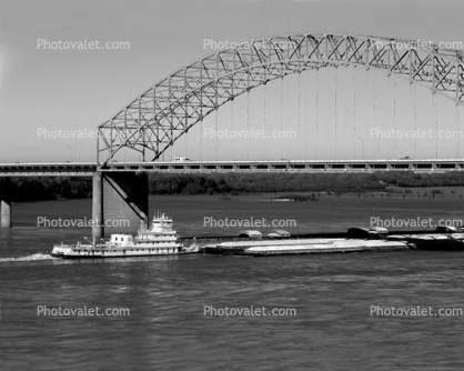 Pushertug American Heritage, Barges, Towboat, Hernando Desoto Bridge, Interstate Highway I-40, 22 October 1993