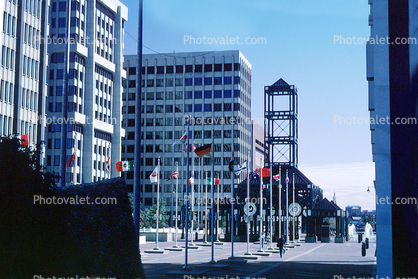 Trolley Stop, Main Street Line, (MATA Trolley), Civic Center Plaza, tower, building, 22 October 1993