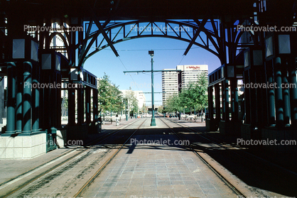 Trolley Stop, Main Street Line (MATA Trolley), Civic Center Plaza, tower, building, 22 October 1993