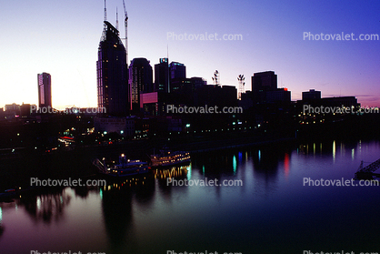 Twilight, Dusk, Dawn, skyline, building, river boat, riverboat, night, Nightime, Exterior, Outdoors, Outside, Nighttime, Cumberland River, 23 October 1993