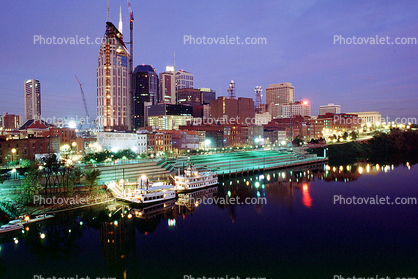 Cumberland River, Dawn, Nashville Skyline, Buildings, river boat, riverboat, 24 October 1993