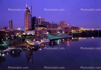 Cumberland River, Twilight, Dawn, Nashville Skyline, buildings, river boat, riverboat, night, 24 October 1993
