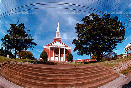 Hillsboro Church of Christ, building, steeple, stairs, trees