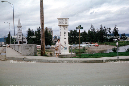 Mile 1523 Alaska Highway, Chena River, Immaculate Conception steeple, Fairbanks, 1950s