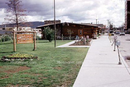 Greater Fairbanks Chamber of Commerce, Log Cabin, sidewalk, sign, signage