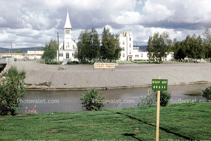 Chena River, Immaculate Conception Church, steeple, cross, building, Roman Catholic Church, River, Buildings, Keep off Grass, Fairbanks