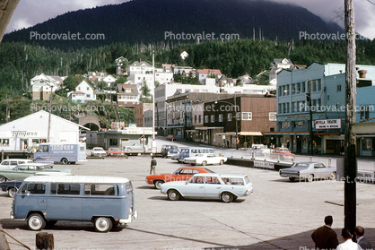 Cars and VW-van, Downtown Ketchikan, Volkswagen Van, automobile, vehicles,  July 1969