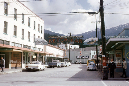 Atlas Tires and Batteries, Ingersoll Hotel, Cars, vehicles, automobiles,  Downtown Ketchikan,  July 1969