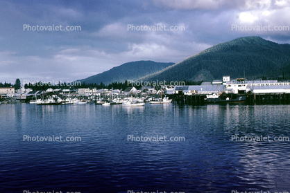 Harbor, boats, piers, Ketchikan Waterfront, skyline, city, town, mountains