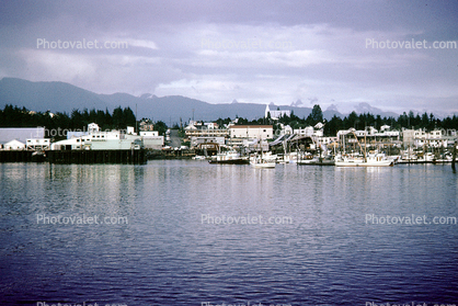 Harbor, hill, boats, piers, Ketchikan Waterfront, skyline, city, town, mountains,  July 1969