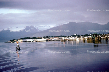 Harbor, boats, piers, Ketchikan Waterfront, skyline, city, town, mountains, placid water
