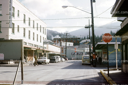 cars, street, STOP sign, Ketchikan, automobile, vehicles, automobiles,  July 1969