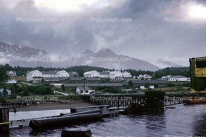 Skagway Docks and Piers, harbor, mountains,  July 1969