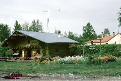 Talkeetna Ranger Station, Log Cabin, flower garden, house, home, antenna, roof