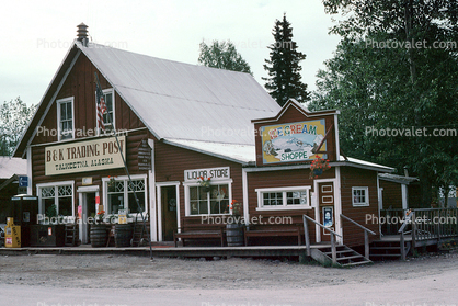 B & K Trading Post, Talkeetna, Alaska, Building, Barrels, July 1993