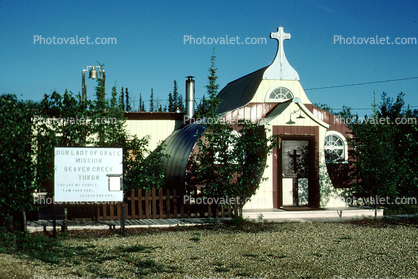 Our Lady of Grace Catholic Church, Mission Beaver Creek Church, Yukon, Orthodox Church, building, curved roof, cross, quonset hut, 1950s