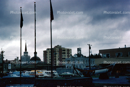 Saint Michael's Cathedral, famous landmark, cars, buildings, Sitka, June 1974