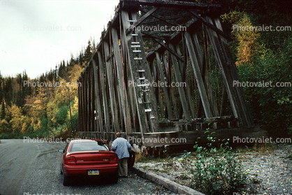 Wooden Trestle Bridge, Chickaloon Railroad, Matanuska-Susitna Borough, red car, Dodge Neon, Alaska