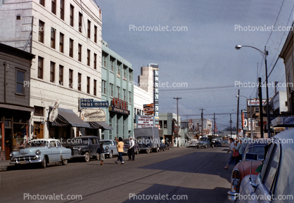 Chene, Lacey Street, jaywalkers, Cars, Shops, buildings, Fairbanks, 1950s