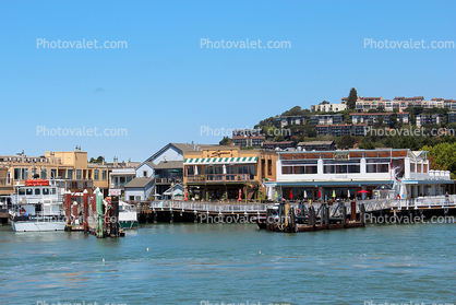 Dock, Tiburon Harbor, buildings, piers, waterfront, Tamalpais Ferry Boat, hills