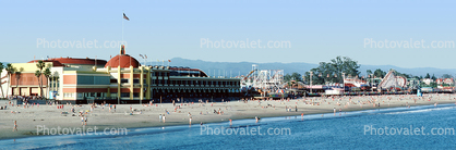 the Santa Cruz Amusement Park, beach, sand, ocean, water, boardwalk, Roller Coaster, Panorama, April 1984, 1980s
