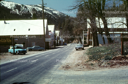 Sierra Butte, Cars, Automobiles, Vehicles, shops, Sierra-Mountains, small town, State Highway 49, April 1968