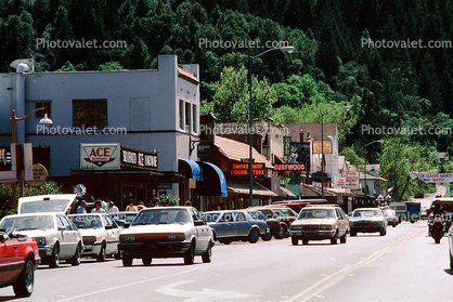 buildings, cars, shops, stores, downtown Calistoga, Napa Valley, 12 April 1987