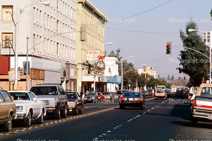 Modesto, building, cars, store, automobile, vehicles, automobiles, December 1988, 1980s