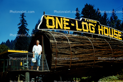 Famous One Log House, woman, Garberville, Humboldt County, 1950s