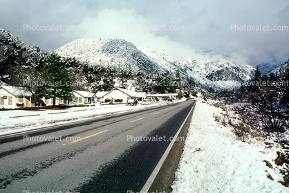 Highway, hills, road, houses, snow, tree, Ice, Icy, Winter, El Portal
