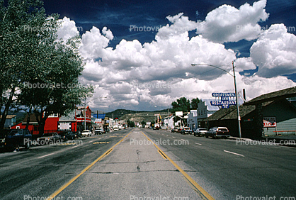 Clouds, cumulus, main street, buildings, shops, Highway 395, cars, Bridgeport