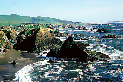 Sonoma County Coast, coastline, shoreline, waves rocks, cliffs, waves, Paintography