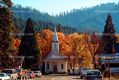steeple, cars, street, autumn, Cottagecore, Equanimity, Quincy in Plumas County