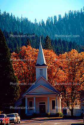 Church and steeple, cars, street, autumn, Quincy, Plumas County