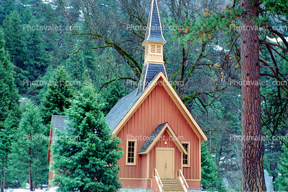 Yosemite Valley Chapel, church, steeple, trees, forest