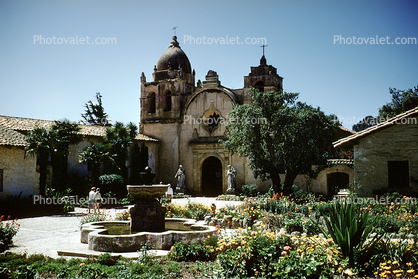 Mission Carmel, Water Fountain, aquatics, garden, building, trees