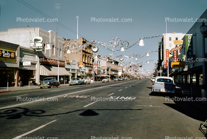 Downtown Salinas during Christmas, decorations, main street, 1950s