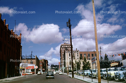 Hotel Finlen, Cars, Parked cars, buildings, street, Butte Montana, 1950s