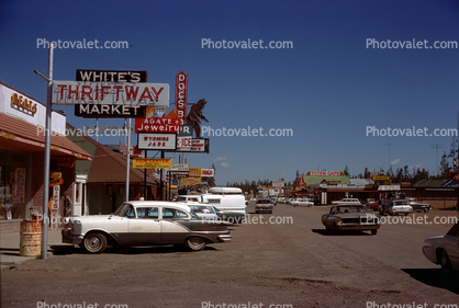 Whites Thriftway Market, Downtown West Yellowstone, cars, 1960s, 1950s