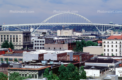Downtown, Fremont Bridge, Interstate I-405, Willamette River, Multnomah County, Oregon,  Steel through arch bridge