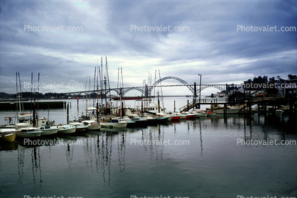 Newport Oregon Harbor, docks, boats, Yaquina Bay Bridge, 1950s