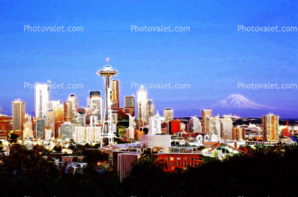 Seattle Skyline, buildings, highrise, skyscrapers, paintography