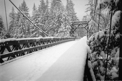 Old Wooden Bridge, Snow, Cold, Ice, Frozen, Icy, Winter, Bucolic, Rural, peaceful, Nisqually River wooden Suspension Bridge, Longmire village, Mount Rainier National Park, Equanimity