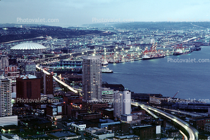 Cityscape, skyline, building, skyscraper, Downtown, Kingdome, evening, harbor, Downtown Seattle, buildings, November 1985