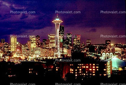 Space Needle, Seattle, Twilight, Dusk, Dawn, Downtown Seattle, skyscraper, buildings, November 1985